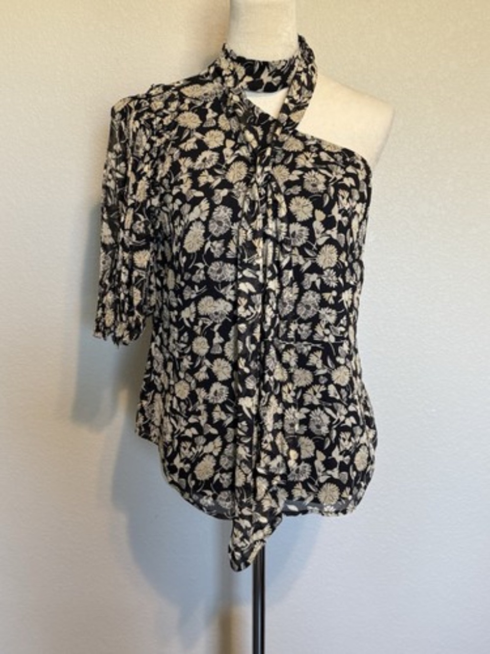 Polo Ralph Lauren Womens 8 Black Taupe Floral One Shoulder Blouse